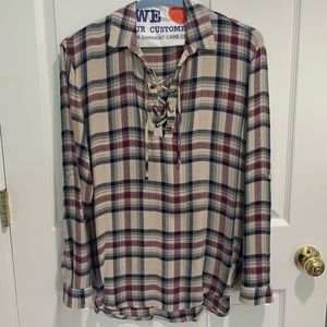 DEE ELLE lace up front plaid blouse